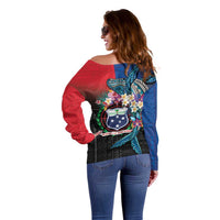 Samoa Off Shoulder Sweater Humpback Whale Siapo Pattern