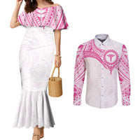 Personalised New Zealand Aotearoa Couples Matching Mermaid Dress and Long Sleeve Button Shirt Nurse Tribal Pink Version LT05 Pink - Polynesian Pride