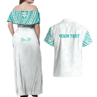Personalised New Zealand Aotearoa Couples Matching Off Shoulder Maxi Dress and Hawaiian Shirt Nurse Tribal Teal Version LT05 - Polynesian Pride