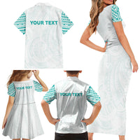 Personalised New Zealand Aotearoa Family Matching Short Sleeve Bodycon Dress and Hawaiian Shirt Nurse Tribal Teal Version LT05 - Polynesian Pride