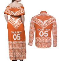 Personalised Tonga Tailulu College Couples Matching Off Shoulder Maxi Dress and Long Sleeve Button Shirt Tongan Kupesi Pattern