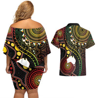 Vanuatu And Australia Aboriginal Couples Matching Off Shoulder Short Dress and Hawaiian Shirt Iguana And Kangaroo Together