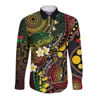 Vanuatu And Australia Aboriginal Long Sleeve Button Shirt Iguana And Kangaroo Together