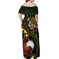 Vanuatu And Australia Aboriginal Off Shoulder Maxi Dress Iguana And Kangaroo Together