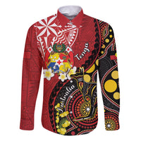 Tonga Ngatu And Australia Aboriginal Family Matching Puletasi and Hawaiian Shirt Tongan Dove And Kangaroo Together LT05 Dad's Shirt - Long Sleeve Red - Polynesian Pride