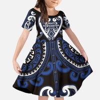 Custom Aotearoa Ngati Tuwharetoa Family Matching Summer Maxi Dress and Hawaiian Shirt Maori Tribal Pattern LT05 Daughter's Dress Navy - Polynesian Pride