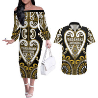 Custom Aotearoa Taranaki Couples Matching Off The Shoulder Long Sleeve Dress and Hawaiian Shirt Maori Tribal Pattern