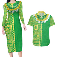 Fiji Lovoni Couples Matching Long Sleeve Bodycon Dress and Hawaiian Shirt Fijian Tapa Salusalu Green Glitter LT05 Green - Polynesian Pride