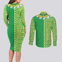 Fiji Lovoni Couples Matching Long Sleeve Bodycon Dress and Long Sleeve Button Shirt Fijian Tapa Salusalu Green Glitter LT05 - Polynesian Pride