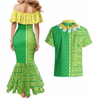 Fiji Lovoni Couples Matching Mermaid Dress and Hawaiian Shirt Fijian Tapa Salusalu Green Glitter LT05 - Polynesian Pride