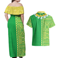 Fiji Lovoni Couples Matching Off Shoulder Maxi Dress and Hawaiian Shirt Fijian Tapa Salusalu Green Glitter LT05 - Polynesian Pride