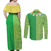 Fiji Lovoni Couples Matching Off Shoulder Maxi Dress and Long Sleeve Button Shirt Fijian Tapa Salusalu Green Glitter LT05 - Polynesian Pride