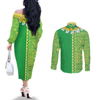 Fiji Lovoni Couples Matching Off The Shoulder Long Sleeve Dress and Long Sleeve Button Shirt Fijian Tapa Salusalu Green Glitter LT05 - Polynesian Pride
