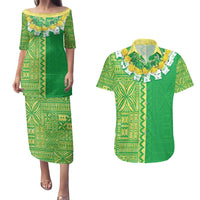 Fiji Lovoni Couples Matching Puletasi and Hawaiian Shirt Fijian Tapa Salusalu Green Glitter