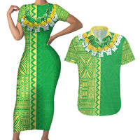 Fiji Lovoni Couples Matching Short Sleeve Bodycon Dress and Hawaiian Shirt Fijian Tapa Salusalu Green Glitter LT05 Green - Polynesian Pride