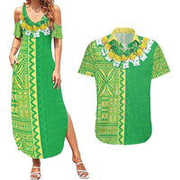 Fiji Lovoni Couples Matching Summer Maxi Dress and Hawaiian Shirt Fijian Tapa Salusalu Green Glitter LT05 Green - Polynesian Pride