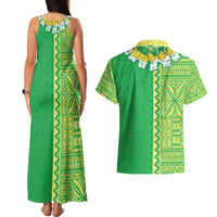 Fiji Lovoni Couples Matching Tank Maxi Dress and Hawaiian Shirt Fijian Tapa Salusalu Green Glitter LT05 - Polynesian Pride