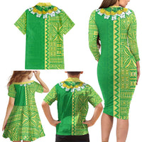 Fiji Lovoni Family Matching Long Sleeve Bodycon Dress and Hawaiian Shirt Fijian Tapa Salusalu Green Glitter LT05 - Polynesian Pride