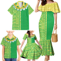 Fiji Lovoni Family Matching Mermaid Dress and Hawaiian Shirt Fijian Tapa Salusalu Green Glitter LT05 - Polynesian Pride