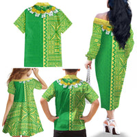 Fiji Lovoni Family Matching Off The Shoulder Long Sleeve Dress and Hawaiian Shirt Fijian Tapa Salusalu Green Glitter