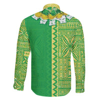 Fiji Lovoni Family Matching Off The Shoulder Long Sleeve Dress and Hawaiian Shirt Fijian Tapa Salusalu Green Glitter