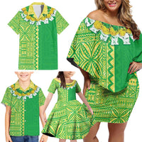 Fiji Lovoni Family Matching Off Shoulder Short Dress and Hawaiian Shirt Fijian Tapa Salusalu Green Glitter LT05 - Polynesian Pride