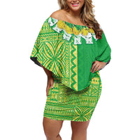 Fiji Lovoni Family Matching Off Shoulder Short Dress and Hawaiian Shirt Fijian Tapa Salusalu Green Glitter LT05 Mom's Dress Green - Polynesian Pride