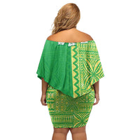 Fiji Lovoni Family Matching Off Shoulder Short Dress and Hawaiian Shirt Fijian Tapa Salusalu Green Glitter LT05 - Polynesian Pride