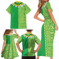 Fiji Lovoni Family Matching Short Sleeve Bodycon Dress and Hawaiian Shirt Fijian Tapa Salusalu Green Glitter LT05 - Polynesian Pride