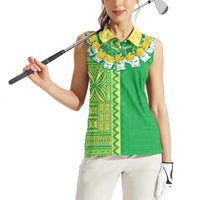 Fiji Lovoni Women Sleeveless Polo Shirt Fijian Tapa Salusalu Green Glitter