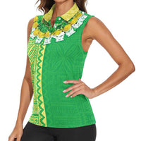 Fiji Lovoni Women Sleeveless Polo Shirt Fijian Tapa Salusalu Green Glitter