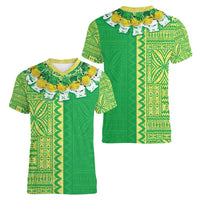 Fiji Lovoni Women V-Neck T-Shirt Fijian Tapa Salusalu Green Glitter