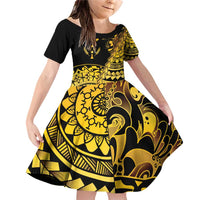 Kosrae Liberation Day Family Matching Off Shoulder Short Dress and Hawaiian Shirt Polynesian Floral Tattoo LT05 Daughter's Dress Gold - Polynesian Pride