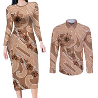 Hawaii Brown Hibiscus Pikake Lei Couples Matching Long Sleeve Bodycon Dress and Long Sleeve Button Shirt - Polynesian Pride