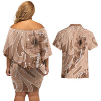 Hawaii Brown Hibiscus Pikake Lei Couples Matching Off Shoulder Short Dress and Hawaiian Shirt - Polynesian Pride