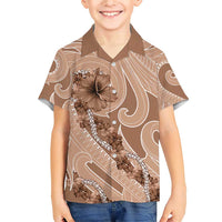 Hawaii Brown Hibiscus Pikake Lei Family Matching Short Sleeve Bodycon Dress and Hawaiian Shirt LT05 Son's Shirt Brown - Polynesian Pride