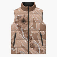 Hawaii Brown Hibiscus Pikake Lei Sleeveless Puffer Jacket - Polynesian Pride