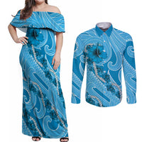 Hawaii Blue Hibiscus Pikake Lei Couples Matching Off Shoulder Maxi Dress and Long Sleeve Button Shirt - Polynesian Pride