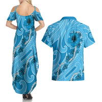 Hawaii Blue Hibiscus Pikake Lei Couples Matching Summer Maxi Dress and Hawaiian Shirt - Polynesian Pride