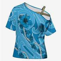 Hawaii Blue Hibiscus Pikake Lei Cross Shoulder Shirt - Polynesian Pride