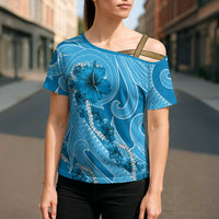 Hawaii Blue Hibiscus Pikake Lei Cross Shoulder Shirt - Polynesian Pride