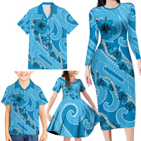 Hawaii Blue Hibiscus Pikake Lei Family Matching Long Sleeve Bodycon Dress and Hawaiian Shirt LT05 - Polynesian Pride