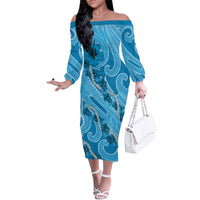 Hawaii Blue Hibiscus Pikake Lei Family Matching Off The Shoulder Long Sleeve Dress and Hawaiian Shirt LT05 Mom's Dress Blue - Polynesian Pride