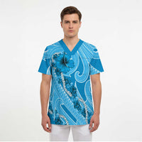 Hawaii Blue Hibiscus Pikake Lei Scrub Top - Polynesian Pride