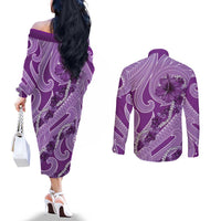 Hawaii Violet Hibiscus Pikake Lei Couples Matching Off The Shoulder Long Sleeve Dress and Long Sleeve Button Shirt - Polynesian Pride