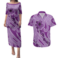 Hawaii Violet Hibiscus Pikake Lei Couples Matching Puletasi and Hawaiian Shirt - Polynesian Pride
