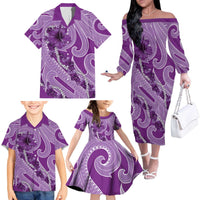 Hawaii Violet Hibiscus Pikake Lei Family Matching Off The Shoulder Long Sleeve Dress and Hawaiian Shirt - Polynesian Pride