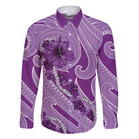 Hawaii Violet Hibiscus Pikake Lei Family Matching Short Sleeve Bodycon Dress and Hawaiian Shirt LT05 Dad's Shirt - Long Sleeve Violet - Polynesian Pride