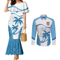 Fiji Rugby Couples Matching Mermaid Dress and Long Sleeve Button Shirts World Cup 2023 Fijian Tapa Pattern Blue Version LT05 Blue - Polynesian Pride