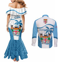 Fiji Rugby Couples Matching Mermaid Dress and Long Sleeve Button Shirts World Cup 2023 Fijian Tapa Pattern Blue Version LT05 - Polynesian Pride